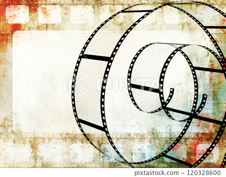 Grunge background with old paper texture and retro filmstrip frame. Horizontal or vertical retro banner with film reel. Vintage colourful backdrop. Copy space for text Grunge background with old paper texture and retro filmstrip frame. Horizontal or vertical retro banner with film reel. Vintage colourful backdrop. Copy space for text 120328600