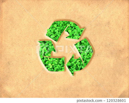 Arrows recycle symbol with clover leaves on striped cardboard texture. Horizontal banner with eco paper texture. Ecology, go green, Green Energy, environmental, conservation protection concept 120328601