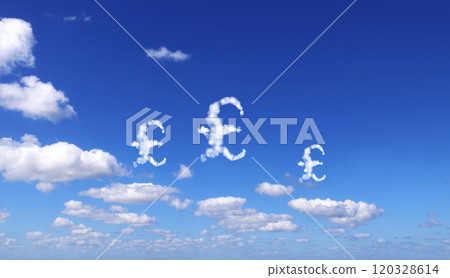 Money making. Great Britain pound sterling sign in the clouds. Cloud shaped as GBP currency symbol. British pound symbol made of cloud. Business, development and prosperity concept 120328614