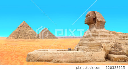 Famous Great Sphinx and pyramids of Chephren and Cheops, Cairo, Egypt. Great Pyramids, ancient statue of Sphinx and beautiful sand dunes, Giza complex (Giza Necropolis) Famous Great Sphinx and pyramids of Chephren and Cheops, Cairo, Egypt. Great Pyramids, ancient statue of Sphinx and beautiful sand dunes, Giza complex (Giza Necropolis) 120328615