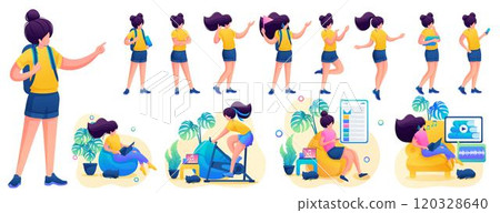 Young girl in various poses and actions, communication, work, training. 2D flat character vector illustration N3 120328640