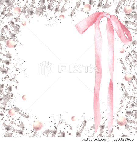 Bows, silk ribbons with rose pearls on watercolor grey, pink spots splashes abstract background. Square frame. Coquette style template, girly birthday card, label Hand drawn isolated illustration 120328669