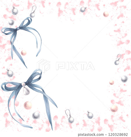 Blue bows, ribbons with pearl earrings on watercolor pink spots splashes abstract background. Square frame. Coquette style template, girly card, product label Hand drawn illustration isolated clipart. 120328692