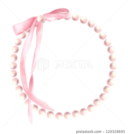 Pearl frame with pink bow Watercolor hand drawn illustration. Elegant rose pastel coloured wreath. Coquette girl, ladies style pearly ribbon for greeting, wedding, card, label Isolated from background Pearl frame with pink bow Watercolor hand drawn illustration. Elegant rose pastel coloured wreath. Coquette girl, ladies style pearly ribbon for greeting, wedding, card, label Isolated from background 120328693