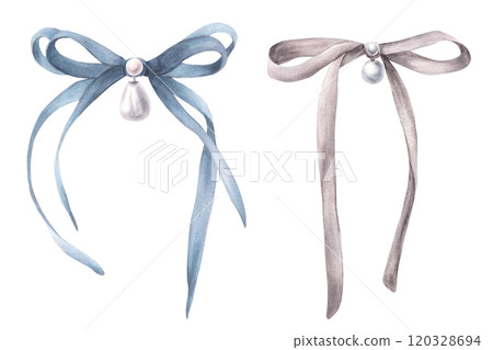 Blue and grey bows with a pearls. Watercolor two cute hair ribbon. Coquette girl accessory hand drawn in realistic style illustration. Clipart for product label, card, sticker Isolated from background Blue and grey bows with a pearls. Watercolor two cute hair ribbon. Coquette girl accessory hand drawn in realistic style illustration. Clipart for product label, card, sticker Isolated from background 120328694