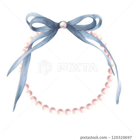 Pearl frame with blue bow Watercolor hand drawn illustration. Elegant Coquette girl, ladies style pearly necklace with grey ribbon for greeting, wedding, card, label template Isolated from background 120328697