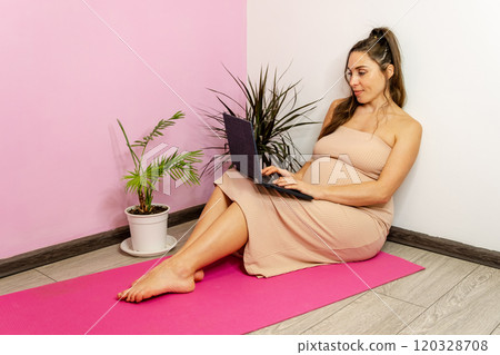 Pregnant Woman Relaxed at Home with Laptop Pregnant Woman Relaxed at Home with Laptop 120328708
