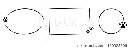 Line frame with cute pet foot print stamp, pawprint decoration. Cat or dog paw doodle border. Hand drawn sketch. 120328806