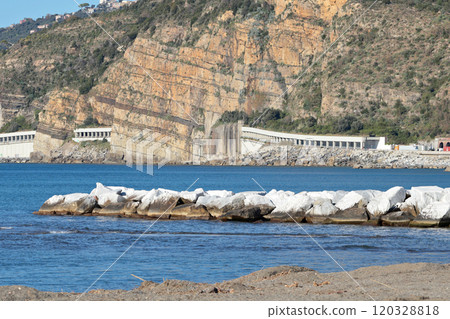 Breakwater and tunnel on Mediterranean Sea. Nature and mountains of Italy. Setri Levante, Liguria. 120328818