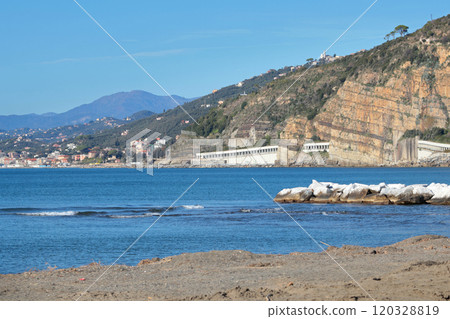 Breakwater and tunnel on Mediterranean Sea. Nature and mountains of Italy. Setri Levante, Liguria. Breakwater and tunnel on Mediterranean Sea. Nature and mountains of Italy. Setri Levante, Liguria. 120328819