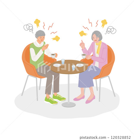 Senior life: Angry senior woman arguing with friend at cafe 120328852
