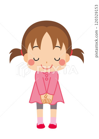 一個可愛的小女孩鞠躬的插圖，白色背景，向量剪貼畫 120329153