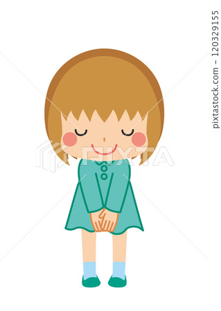 一個可愛的小女孩鞠躬的插圖，白色背景，向量剪貼畫 120329155