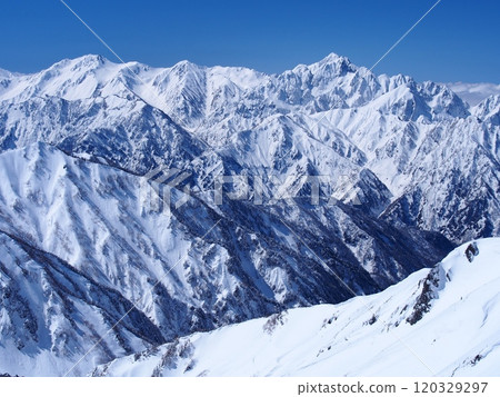 Mount Tsurugi and the Tateyama mountain range as seen from Mount Karamatsu in the Northern Alps 120329297