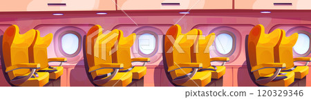 Interior side view of aircraft cabin with seats 120329346