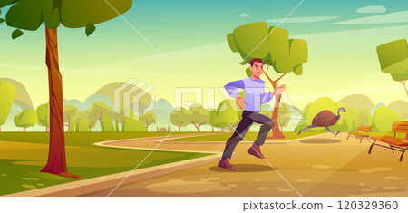 Man running along park pathway chasing emu. Man running along park pathway chasing emu. 120329360