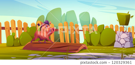 Cartoon boar walking proudly in fenced garden 120329361
