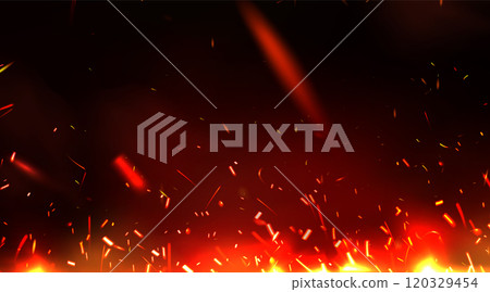 Glowing fire sparks rise on dark background. Glowing fire sparks rise on dark background. 120329454