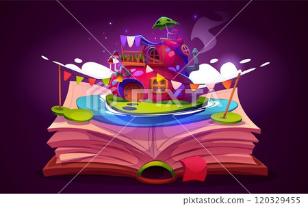 Open book with fantasy pumpkin house on pages Open book with fantasy pumpkin house on pages 120329455