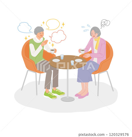 老年生活:一位老年婦女厭倦了在咖啡館裡聽到她朋友的吹噓。 老年生活:一位老年婦女厭倦了在咖啡館裡聽到她朋友的吹噓。 120329576