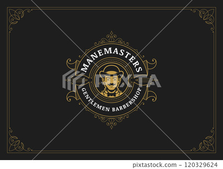 Classical filigree golden logo for barbershop with retro man portrait design template vector 120329624