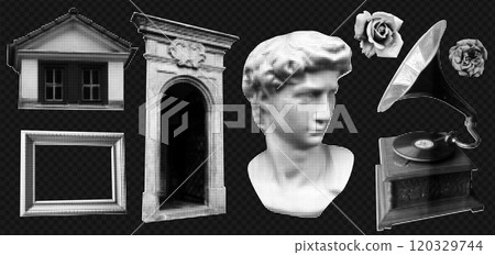 Halftone set of greek sculpture, phonograph, column, arch, rose, and frame. Modern dance event poster with cultural patterns and antique music theme Halftone set of greek sculpture, phonograph, column, arch, rose, and frame. Modern dance event poster with cultural patterns and antique music theme 120329744