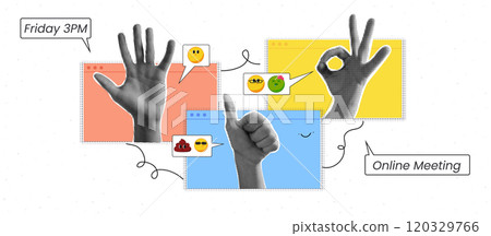 Halftone collage with hand and thumb up. Colorful sticker design for online meeting feedback. Retro corporate sign for remote work and client discussion 120329766