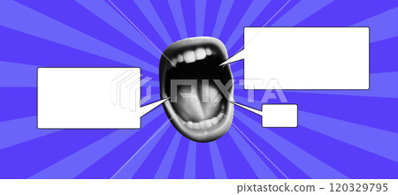 Collage of a halftone mouth with a speech bubble, yelling in a pop art style. Blue sunburst background 120329795