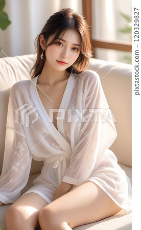 A beautiful woman relaxing on a white sofa in a living room with the morning sun shining in. Loungewear. Nightgown. AI generated 120329827