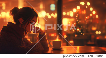A girl drinking a drink at a cafe A girl drinking a drink at a cafe 120329884