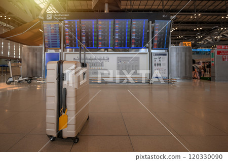 Golden suitcases are placed in front of the digital departure board at Suvarnabhumi International Airport in Thailand. Golden suitcases are placed in front of the digital departure board at Suvarnabhumi International Airport in Thailand. 120330090