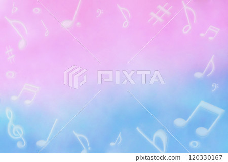 藍色和粉紅色漸變框架，帶有像雲一樣漂浮的白色音符 120330167