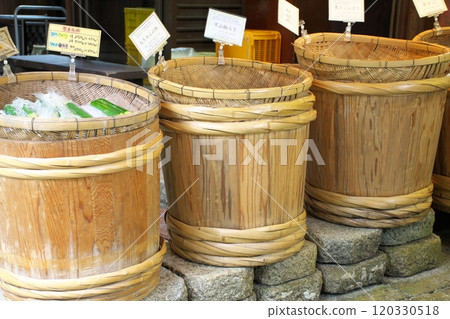 Pickle barrels lined up in a store 120330518