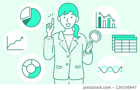A woman in a suit holding a magnifying glass and explaining while analyzing - simple and pop vector illustration 120330647