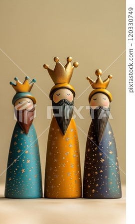 Three Kings figurines made of wood with golden crowns. Three Kings Day and Epiphany vertical banner Three Kings figurines made of wood with golden crowns. Three Kings Day and Epiphany vertical banner 120330749