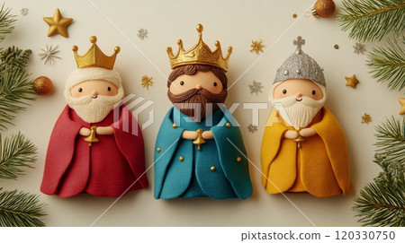Soft textured fabric figures of Three Kings with glittering crowns, stars, pine branches. Epiphany Soft textured fabric figures of Three Kings with glittering crowns, stars, pine branches. Epiphany 120330750