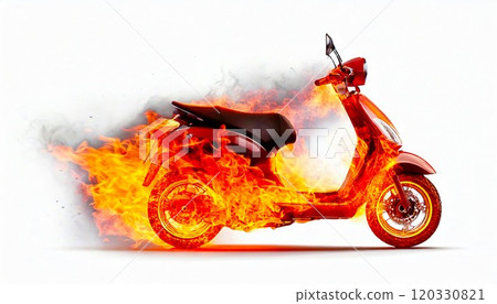 Dynamic red scooter engulfed in flames, symbolizing power and speed. 120330821
