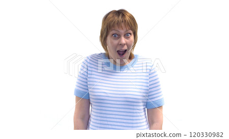 A young woman extremely surprised with wide eyes and a stunned expression. Isolated on a white background. A young woman extremely surprised with wide eyes and a stunned expression. Isolated on a white background. 120330982