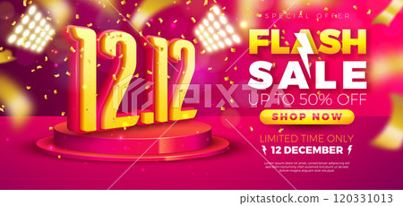 12 December Shopping Day Flash Sale Design with 3d 12.12 Number, Light Bulb Billboard and Stage Podium on Red Background. Vector Special Offer 50 Percent Off Campaign Discount Illustration for Coupon 120331013