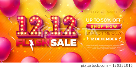 12 December Shopping Day Flash Sale Design with 3d 12.12 Light Bulb Number and Falling Confetti on Yellow Background. Vector Special Offer 50 Percent Off Campaign Discount Illustration for Coupon 120331015