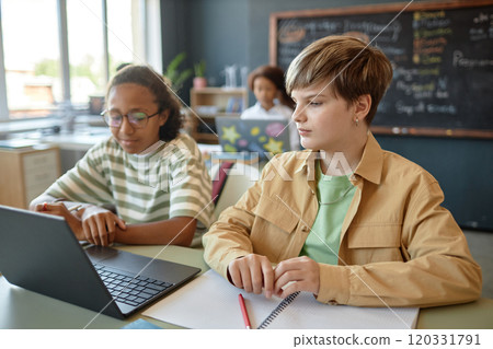 Portrait of teenage boys using laptop while studying together in school classroom and watching video online 120331791