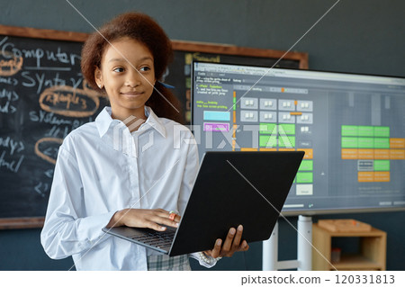 Waist up portrait of smiling African American teenage girl holding laptop while giving presentation on IT and programming in school classroom copy space Waist up portrait of smiling African American teenage girl holding laptop while giving presentation on IT and programming in school classroom copy space 120331813