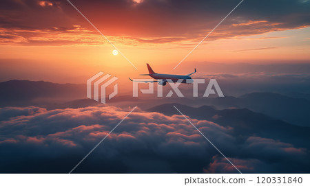 A plane flying high above the clouds during a breathtaking sunset, with mountains in the distance. 120331840