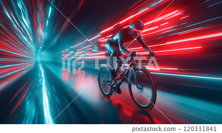 A cyclist speeds through a futuristic tunnel, with motion blur and glowing lights representing speed and energy. 120331841