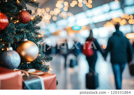 A Christmas tree with red and gold ornaments in focus while a couple holds hands in the background at the airport. 120331864
