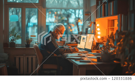 An elderly man working on his laptop in a cozy office, illuminated by warm light. 120331886