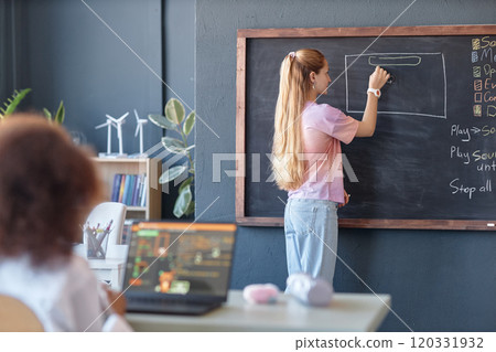 Scene of IT lesson in school classroom with blond teenage girl writing on blackboard copy space 120331932