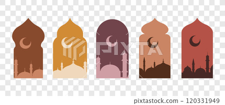 Ramadan Shape Windows. Set of gradient Arabic frames isolated on beige background. Ramadan kareem sticker. Flat Vector illustration 120331949