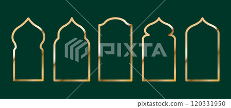 Set of Shape Islamic Windows. Golden Muslim frames isolated on dark background. Collection of arches in oriental style. Flat Vector illustration 120331950