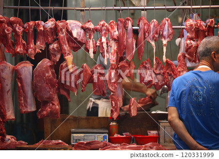 Pork sold at a butcher shop in the Hong Kong market. Higher and more expensive than beef and chicken. Chinese love pork Pork sold at a butcher shop in the Hong Kong market. Higher and more expensive than beef and chicken. Chinese love pork 120331999